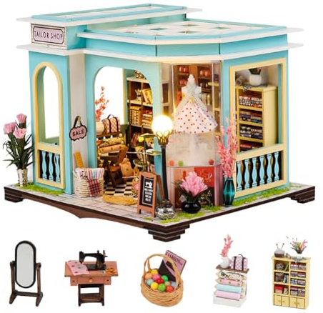 Puppenhaus-Miniatur-Set, Maßstab 1:24, Modell mit Möbeln, LED-Lichtern, Holzpuzzle, Handarbeit, für Erwachsene, Teenager, Kinder, Geburtstagsgeschenke (Schneiderei)
