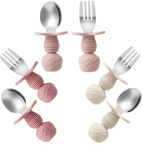 PandaEar Lot de 6 Cuillères et Fourchettes en Acier Inoxydable pour Tout-Petits - Couverts Anti-Étouffement pour Bébé et Enfants dès 18 Mois (Rose/Blanc)