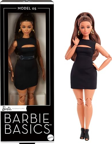 Barbie Basics Modelo 05 Muñeca de coleccionista, minivestido negro y zapatos de tacón, ropa intercambiable con otras muñecas, cuerpo articulado con figura curvilínea y cabeza intercambiable, JBH73