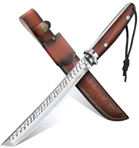 TAN REN Survival Messer 21 cm Full Tang, Jagdmesser mit Lederscheide, scharfes Jagdmesser mit fester Klinge, D2 Überlebensmesser für den Außenbereich