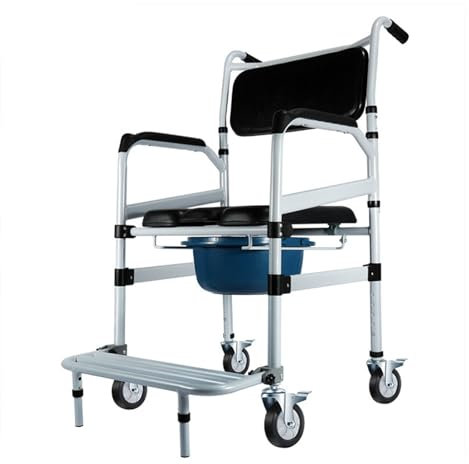 Shower Chair with Wheels,Adjustable Height Bathroom Shower Commode Chair with Wheels,Waterproof Commode Toilet Chair with Removable Bucket,Bedside Commode Chair for The Elderly and Disab A