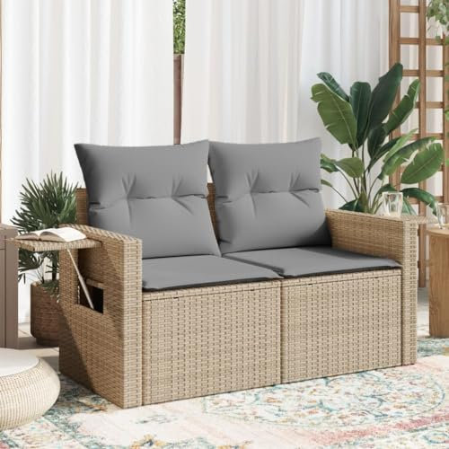 Rattan Outdoor 2-Sitzer Sofa Set mit Fußhocker Beige Ecklounge Möbel für kleinen Garten mit Kissen