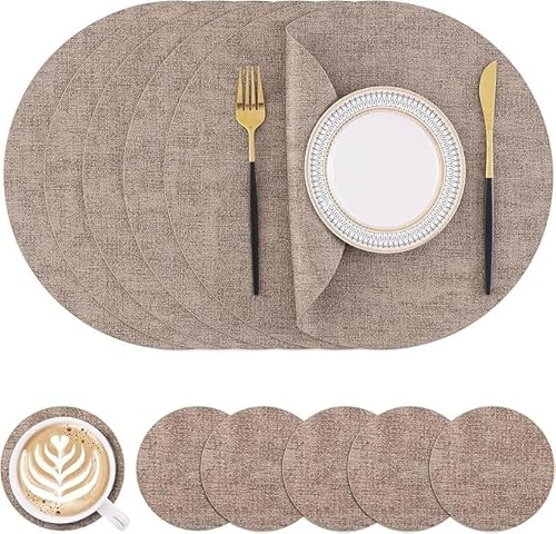 Homaxy Tischsets Abwaschbar, Rund Doppelseitig Abwischbar Wasserdicht rutschfest Platzset, Kunstleder Hitzebeständige Platzdeckchen mit Untersetzer (6er Set, Braun)