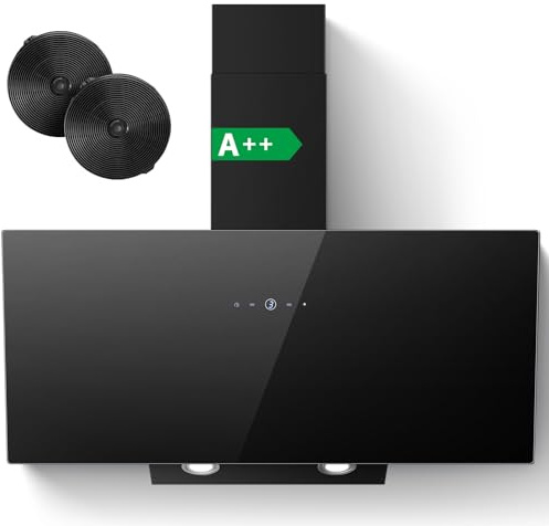 SNDOAS Cappa Cucina 90 cm, 700 m³/h Cappa Aspirante con Scarico/Ricircolo, Efficienza A++, 3 Livelli + Funzione Boost, 2 Filtri a Carbone, Pannello Touch, LED, Nero