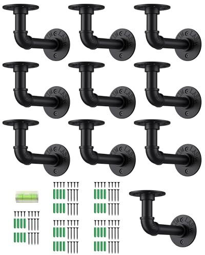 eSynic 10Pcs Industrial Pipe Shelf Brackets,Black Pipe Brackets for Shelves,1/2 inch Metal Floating Shelf Bracket for Scaffold Board (15*8cm) with a Spirit Level