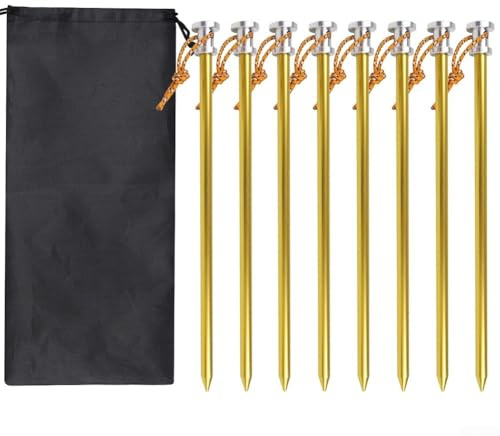 Zeroupshop Robuste Zeltheringe aus Aluminium, 23 cm, mit Seil, Camping-Heringe für Sand, Schlamm, Gras, Wandern, Gelb, 8 Stück