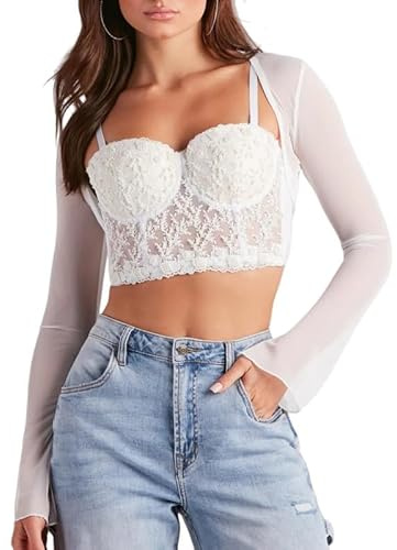 Sukiglam Bolero Damen Festlich Langarm Mesh Shrug Boleros mit Glockenärmel Elegant Transparent Netz Kurzes Cardigan Leichte Schulterjacke für Casual Sport Hochzeit Herbst Arm Ärmel Bolerojacke