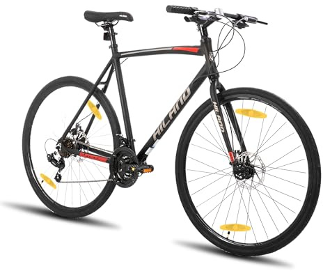 Hiland stadscykel 28 tum, unisex 700 C aluminiumram, främre och bakre skivbromsar, 21 hastigheter, ram 570 mm, svart