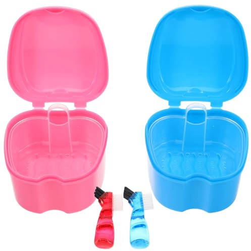 ibasenice Étui Pomme Pour Prothèses Dentaires Et Brosse Bleue/pink, Kit 2 Pièces Portable, Nettoyage, Boite Rangement Voyage Santé Bucco-dentaire Adultes