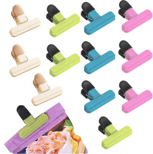 12 Pcs Food Bag Clips, 4 Colours Kitchen Storage Clips, Food Seal Clips for Snacks Coffee Home Office Travel Camping
