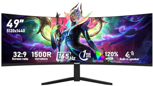 Gawfolk Monitor de computadora para juegos curvo ultra ancho de 49 pulgadas, 1500R, DQHD (5120 x 1440), 165 Hz