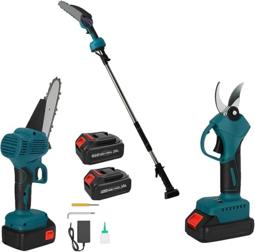 Kit Potatura 3 in 1, Forbice a Batteria e Motosega 6 Pollici con Oliatore, 2 anni di Garanzia, Elettrica con Oliatore, Asta Telescopica 128-250cm, Set Professionale per Giardinaggio, 2 Batterie 48V