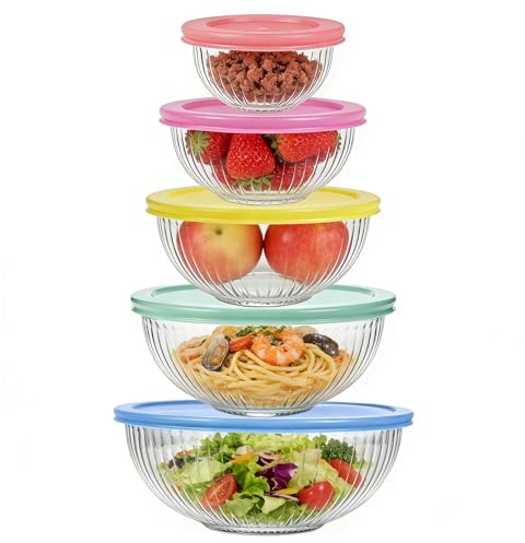 Glass Mixing Bowls with Lids, 5 Pieces Kitchen Salad Bowls Set, (0.25/0.5/1.0/2.0/3.5L), Borosilicate Nesting Bowls for Baking, Cooking, Prep