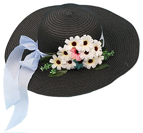 Cheerlife Schlapphut Damen Sommerhut Faltbarer Sonnenhut Stroh Hüte Strand Hut Mit Blumen Schwarz