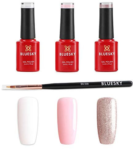 Bluesky French Ombre Manicure Gel Nail Kit, Gel Nail Polishes with Ombre Nail Art Brush, White, Pink, Glitter, 3 x 5 ml