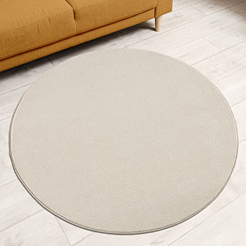 Impression Kurzflor-Wohnzimmerteppich - Schlichte Moderne Teppiche für Schlafzimmer, Büro, Flur, Küche, Kinderzimmer - Creme, 150 cm Rund