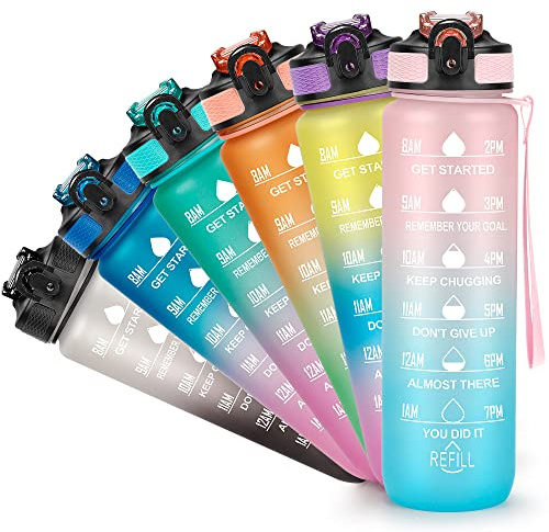 YC Kitchen Bouteille d'eau de Motivation de 1 Litre avec Marqueur de Temps, Gourde Sport 1L Sans BPA étanches avec Paille et Sangle de Transport