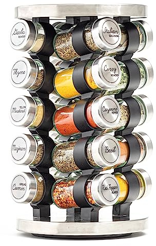Orii 20 Jar Rotating Spice Rack with Spices Included & 5-Year Free Spice Refill Program – Stainless Steel Revolving Countertop Spice Rack with 3 oz Glass Jars
