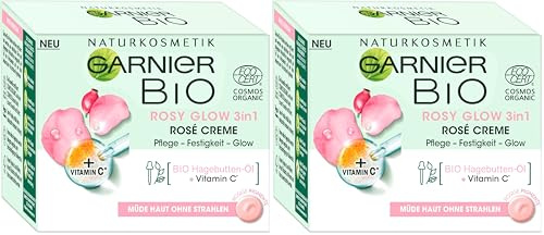 Garnier Gesichtscreme für müde Haut ohne Strahlen, Für einen jugendlichen Glow, Pflege und Festigkeit, Mit Bio-Hagebutten-Öl und Vitamin C, Garnier Bio Rosy Glow 3in1, 50 ml (Packung mit 2)