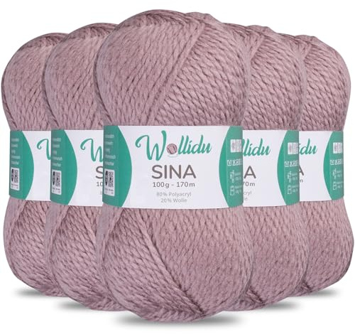 Wollidu Sina Wolle zum Stricken und Häkeln 500g Premium Strickwolle/Häkelwolle Set OEKO-TEX zertifiziert 5 x 100g/170m 80% Polyacryl 20% Schafwolle mulesing-frei - Puderrosa
