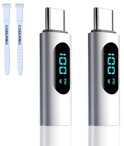 YIMATEECO USB C Adapter, 2 Pack 100W USB C Male to Female Extension Adapter Type C Power Meter Tester with LED Display OTG Extender Adapters for iPhone 15, iPad, More Cables (2Pcs, Grey