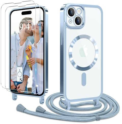 Ethanger für iPhone 15 Hülle mit Band + 2 Schutzfolie, Blau