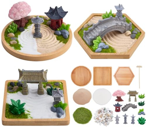 WEBEEDY 3 Sets Zen Garden Kit for Desk, Mini Japanese Zen Sand Garden Desktop Tray Kit with Bamboo Tray, Tools, Garden Accessories for Home and Office Gifts