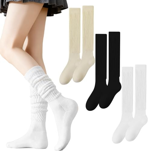 YAUOIPI 3 Pairs Women's Knee-High Socks, Cotton Extra Long Fluffy Sock Knee High Boot Slouchy Scrunch Socks for Ladies,Suitable for Both Autumn and Winter (Black, White, Khaki)