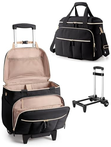 Marscamd Rolling Teacher Bag with Accordion File Organizer & 15.6 Laptop Compartment, Wheeled Work Briefcase Tote with Detachable Trolley & Crossbody Strap for Women, Black