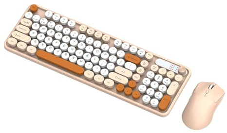 Tosuny Wireless Keyboard and Mouse Combo, Bluetooth Keyboard Mouse Sets, 98 Keys Retro Typewriter with Round Keycaps, 6 Keys 1800DPI Optical, for Laptop PC (Milk Tea)