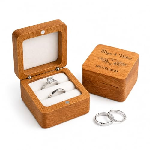 Générique Boîte à Alliances en Bois Personnalisée – Écrin Mariage Carré Aimanté avec Velours Blanc – Porte Alliances Gravé Prénoms et Date – 2 Bagues