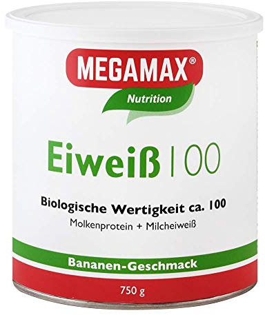 Megamax Eiweiss Banane 750 g | Molkenprotein + Milcheiweiß Für Muskelaufbau ,Diaet | 2k-Eiweiss ideal zum Backen | hochwertiges Low Carb Eiweiß-Shake | aspartamfrei Eiweiß-pulver mit Aminosäuren