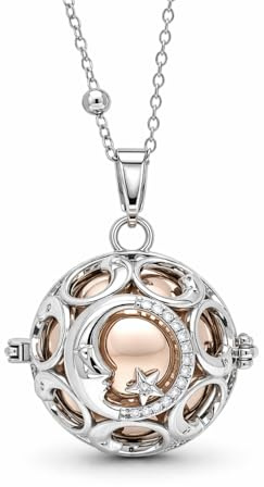 amorili Collana Chiama Angeli Donna Gravidanza Bronzo Placcato Argento – Ciondolo Luna e Stella con Zircone Centrale – Gioiello Premaman Scintillante Luccicante – Idea Regalo Dolce Attesa - cll0996