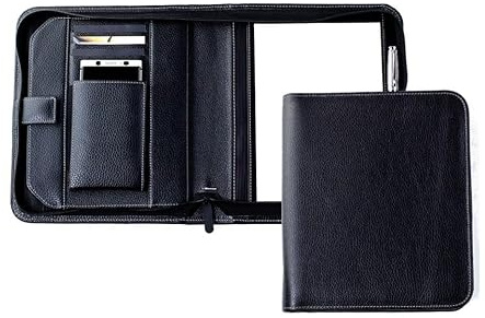 DELMON VARONE - Personalisierbare Tablet und Smartphone Schreibmappe DIN A5 Premium Soft Grain Leder schwarz, Business Besprechungsmappe mit Notizblock personalisiert mit Namen, Initialen oder Logo