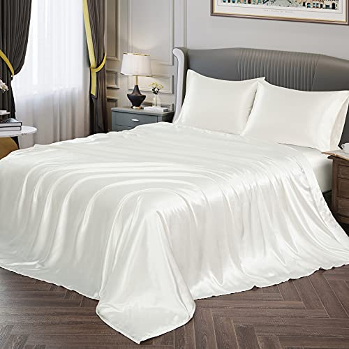 Vonty Set di biancheria da letto per letto king size, in morbido raso, bianco avorio, 1 lenzuolo con angoli con tasca profonda + 1 lenzuolo sopra + 2 federe