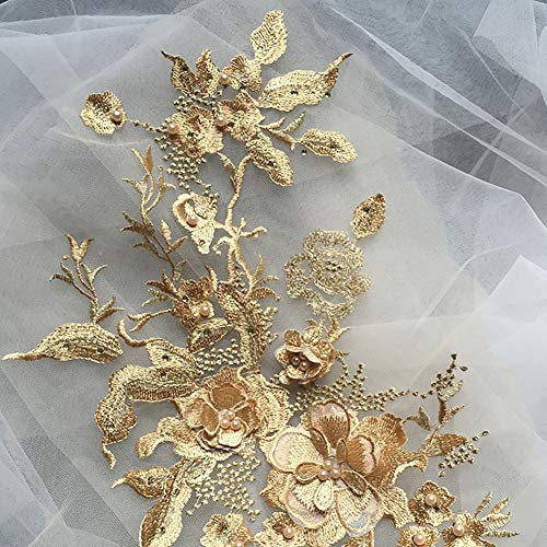 QLING 3D Stickerei Perlen Spitze Applikation Blumen Strass Tüll Besatz Besetzter Stoff für DIY Ausschnitt Hochzeit Brautkleid Kleidung Stickerei Dekoration, nicht null, goldgelb, Free Size