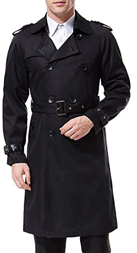 AOWOFS Men's Trench Coat Long Double Breasted Slim Fit Overcoat Jacket Military Trench Coat with Belt, Black, S