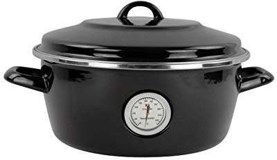 Dutch Oven Magefesa Negro de 26cm. Fabricado en España. Material de acero esmaltado con termómetro incorporado y recubrimiento antiadherente. Herrajes y tapas especiales para horno.