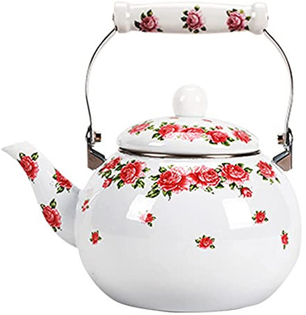 SGSG Emaille-Teekanne, 2,5 l, Rose, Blumen, groß, Porzellan, emailliert, Weiß, Retro-Türkische Kaffeekanne, Heißwasser-Teekessel mit Verbrühungsschutzgriff