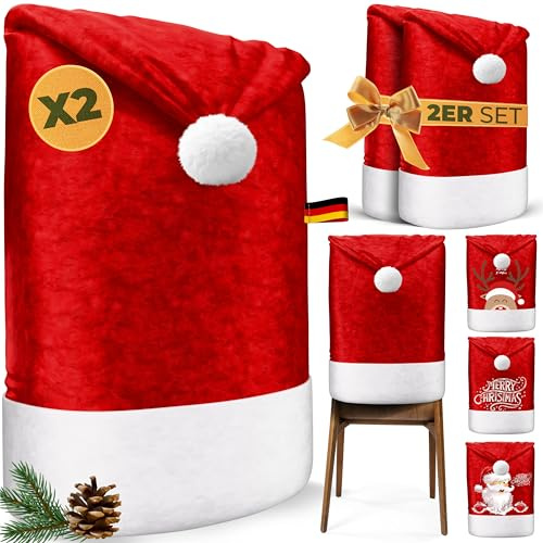 KESSER® Premium Weihnachtsstuhlüberzug 2er Set Stuhlhussen für Weihnachten Nikolausmütze Stuhlbezug Husse Weihnachtsdeko für Stühle Überzieher - Stuhlabdeckung im weihnachtlichen Design