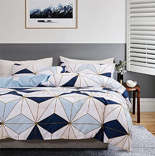 Housse de Couette 200x200 Bleu Blanc à Carreaux Motif Géométrique Parure de lit Adult avec 2 Taie d'oreiller 65x65 Reversible Parure Housse Couette 2 Personnes en Microfibre Fermeture Éclair