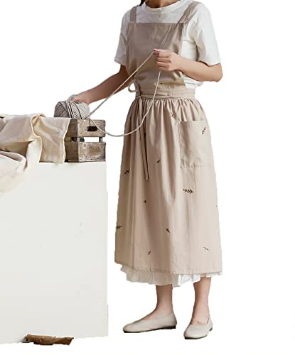 Nanxson Damen Bauwolle Leinen Schürze Stickerei Schutzkleidung Küchenschürze Arbeitsschürze Lätzchen mit Taschen CFL0009