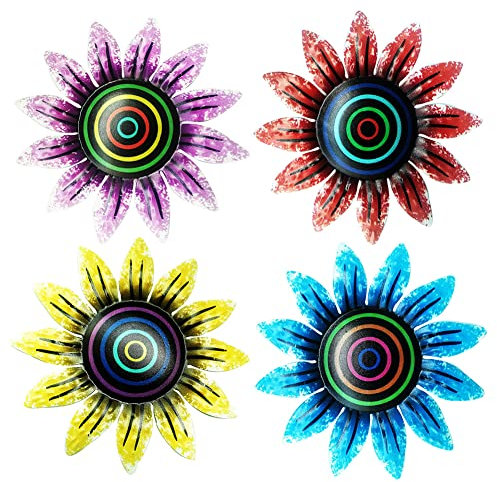 4 Stück Metall Blume Wanddekoration 3D Metall Blumen Wanddeko Gartendeko Gartenzaun Outdoor Wandkunst,Bunte Gartenwand Ornamente Metall Blume Skulptur Hängen für Hof, Garten, Veranda, Terrasse Set 1