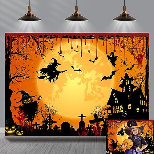 Fond de Fête d'halloween Orange Horreur Halloween Sanglant Fond Photo Pleine Lune Nuit Château Sorcière Fantôme Citrouille Halloween Party Décoration Bannière Photo Fond (240 x 180 cm)