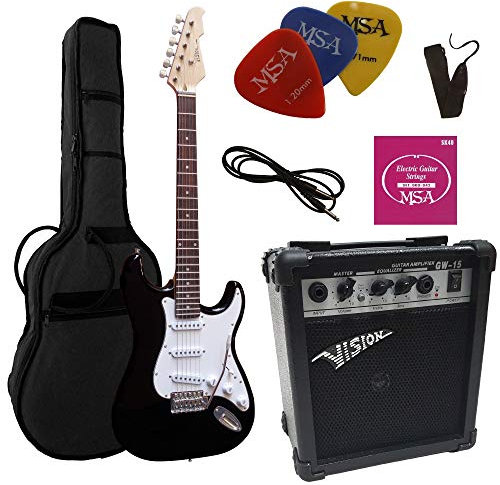 ELEKTROGITARRE SCHWARZ - E-GITARRE - IM SET MIT 20WATT VERSTÄRKER - TASCHE - BAND - SAITEN - 3xPIK ST5 BLACK