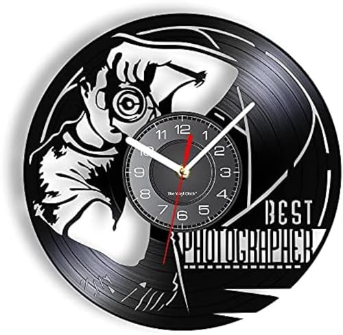 AVJERA Horloge Murale de Photographe en Vinyle véritable, Appareil Photo réutilisé, Photographie Lumineuse, Cadeau Artistique pour Hommes caméraman