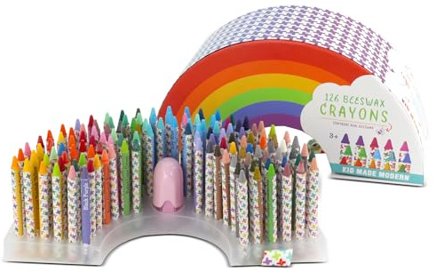 Kid Made Modern Regenbogen-Bienenwachsmalstifte-Set für Kinder (126 Stück) – inklusive Regenbogen-Aufbewahrungsbox und integriertem Spitzer – ungiftig, schmutzfrei, natürliche Buntstifte für