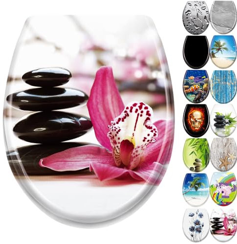 JNGLGO Tapa de inodoro con dispositivo de descenso automático, antibacteriano, con tapa de inodoro, ovalada, Duroplast para fácil limpieza, flor roja