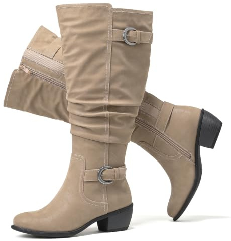 Luoika Women's Extra Wide Calf Knee High Boots, Wide Width Slouchy Knee-High Boots Low Stacked Heel Winter Fall Plus Size Boots., Khaki 102, 9 X-Wide