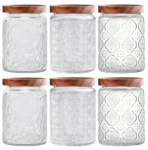 yoqelt Vintage Glass Jars with Wooden Lids, 6 Pack 24 oz Airtight Glass Food Storage Containers Sets for the Kitchen, Sugar Coffee Candy Spice Cookie Tea Pasta
